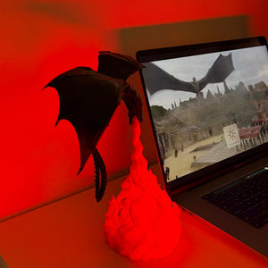 Detailed 3D printed dragon lamp with glowing flame-inspired LED base